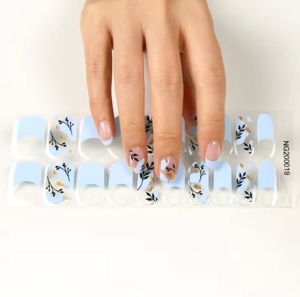 Semi Cured Gel UV Nail Strips | Blue French Flowers